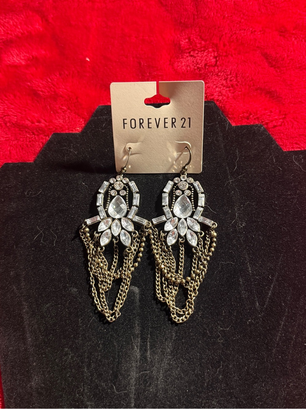 Forever 21 Boho Rhinestone Chandelier Earrings Antique Gold Chain Dangle